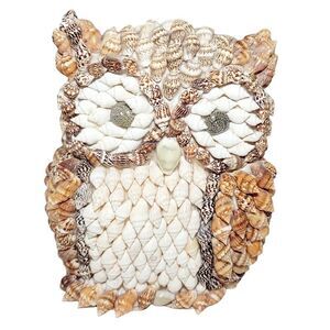 Vintage Folk Art Handmade Sea Shell Covered Colorful Owl Figurine 5.5" x 4"